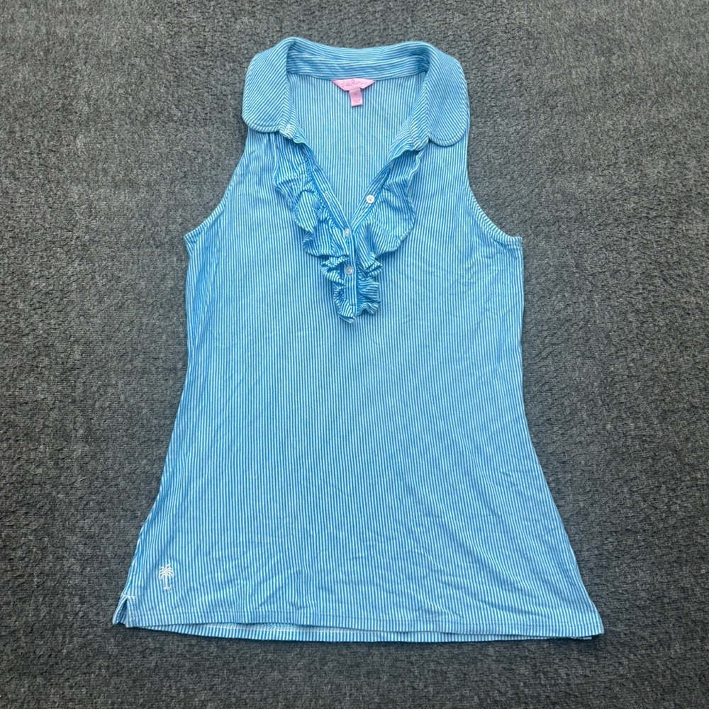 Lilly Pulitzer Top Medium Tank Striped Ruffle Neck Sleeveless Shirt Preppy